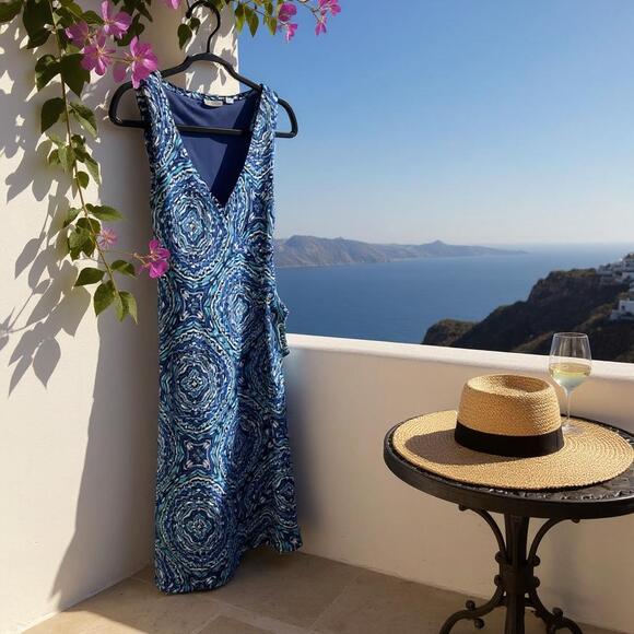 NEW YORK & COMPANY Medallion Print Ruffle Wrap Mesh Dress Womens Small - Picture 1 of 8